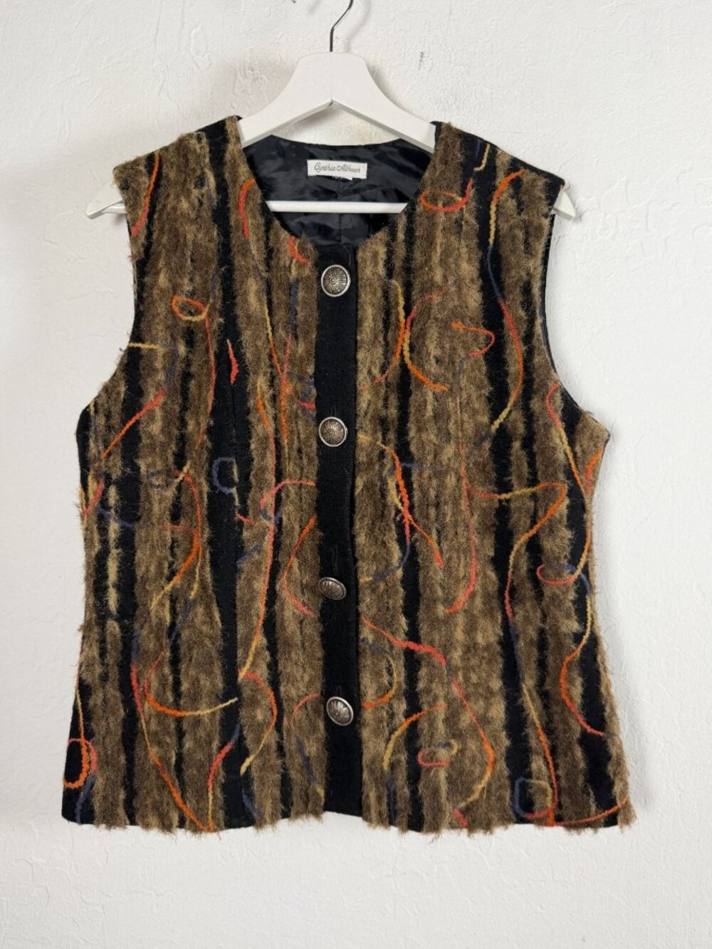 RARE Cynthia Althuser Unique Fuzzy Wool Vest Embroidered Boho Artisan Brown